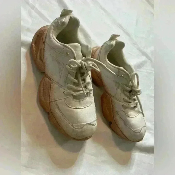 River Island Lace Up Glitter Chunky Style Trainers Sneaker Size 1 White Gold - Picture 2 of 14